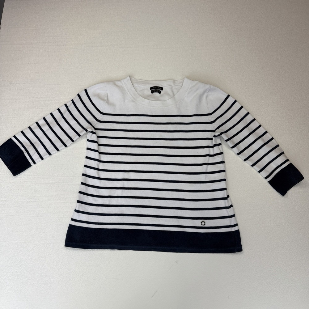 Massimo Dutti Breton White/Navy Stripe Nautical 3/4 Sleeve 100% Cotton Sweater